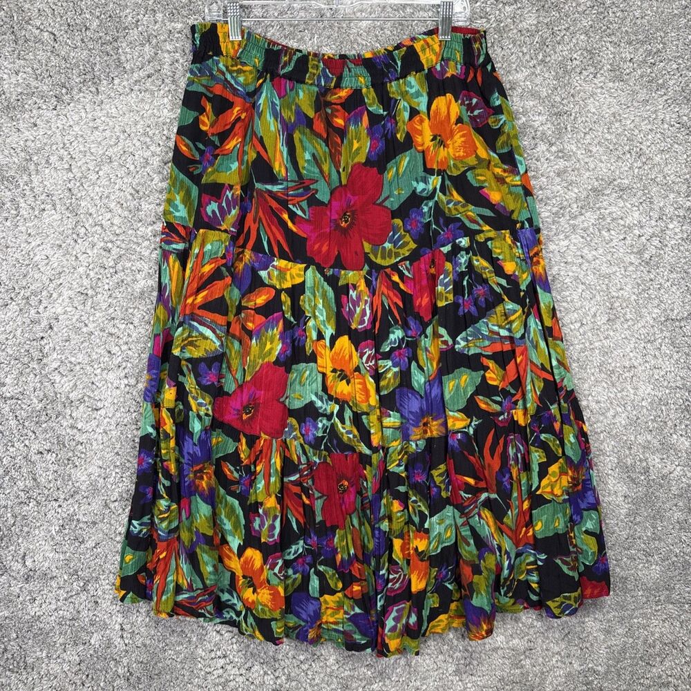 Vintage Floral Tiered Midi Skirt Floral Large Tropical 80s 90s Gauze Boho